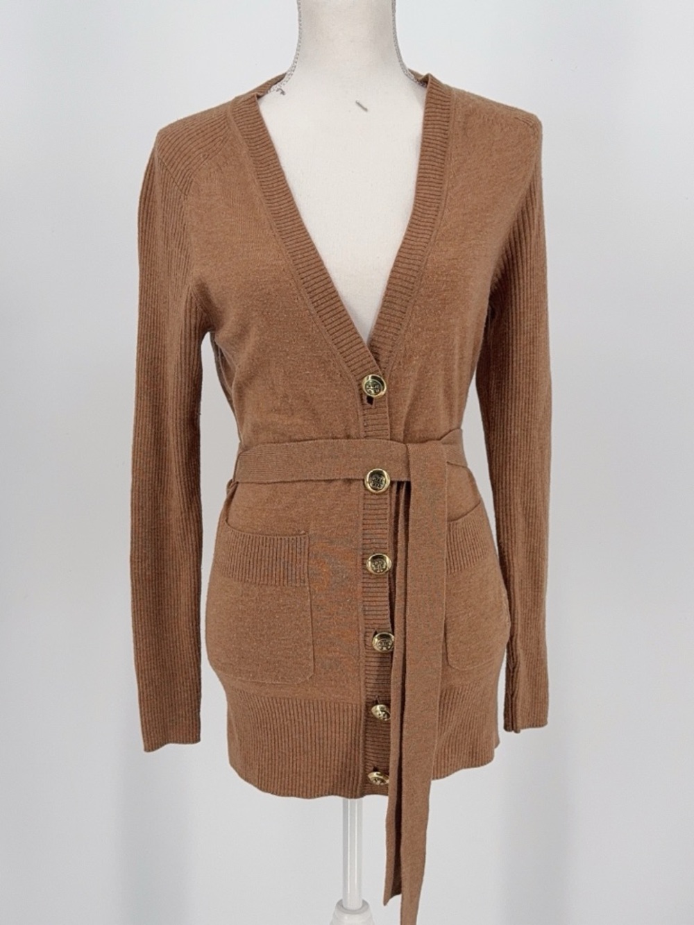 Tory burch Belted Button-Front Camel Knit Cardigan size s